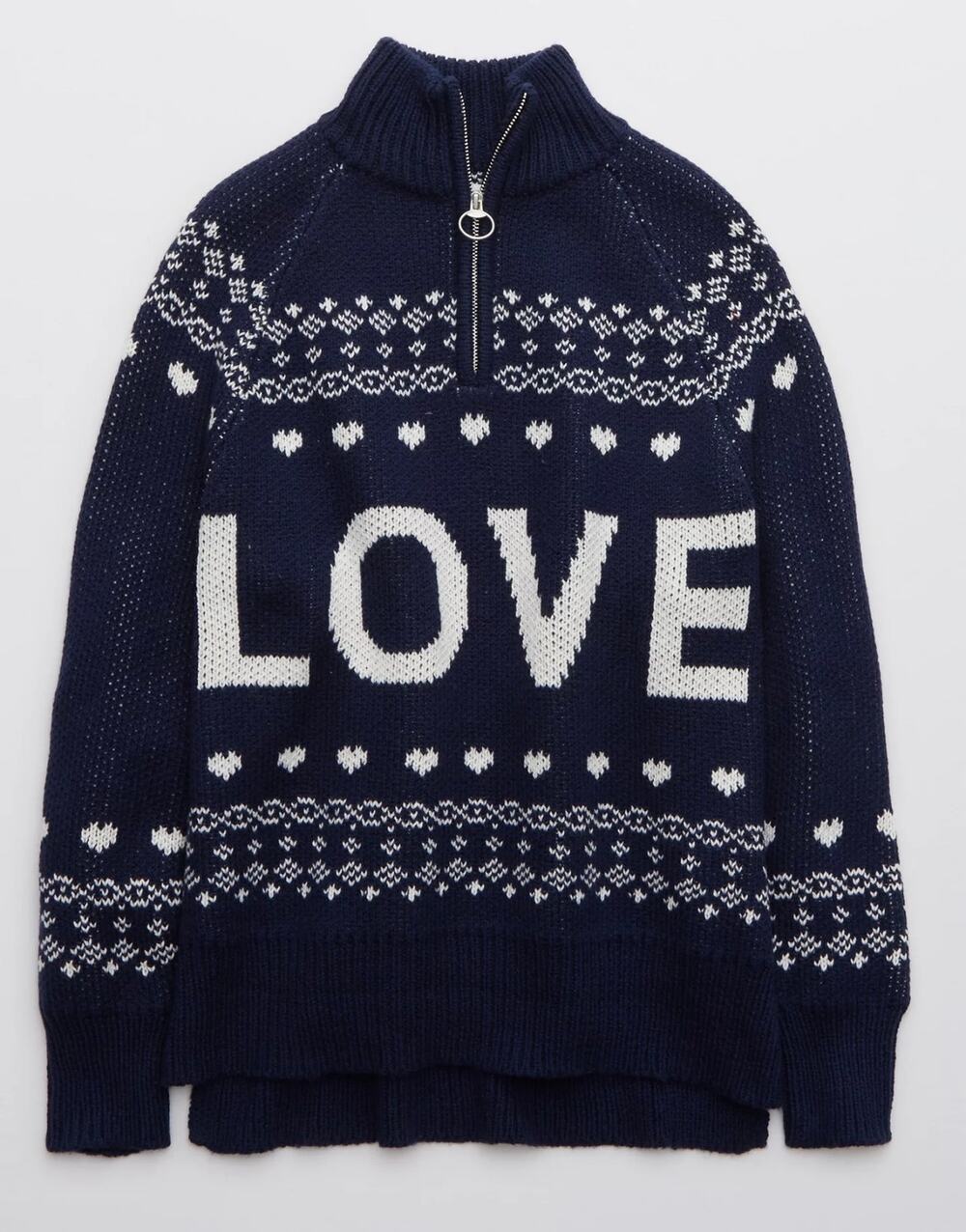 Aerie Festive Feels! Oversized Sweater Quarter Zip Love Fair Isle Blue Size S